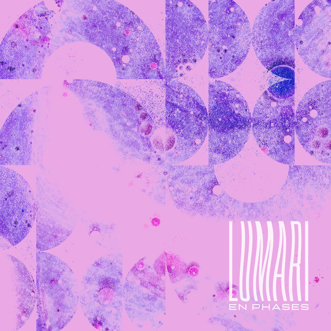 En Phases album cover: violet halftone arcs on pink, the LUMARI wordmark lower right.