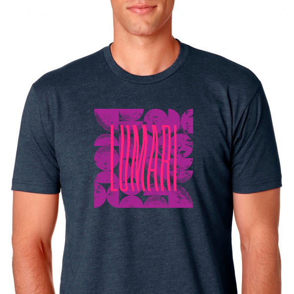 The Moon Phases t-shirt in midnight navy, printed with the LUMARI wordmark over magenta moons.